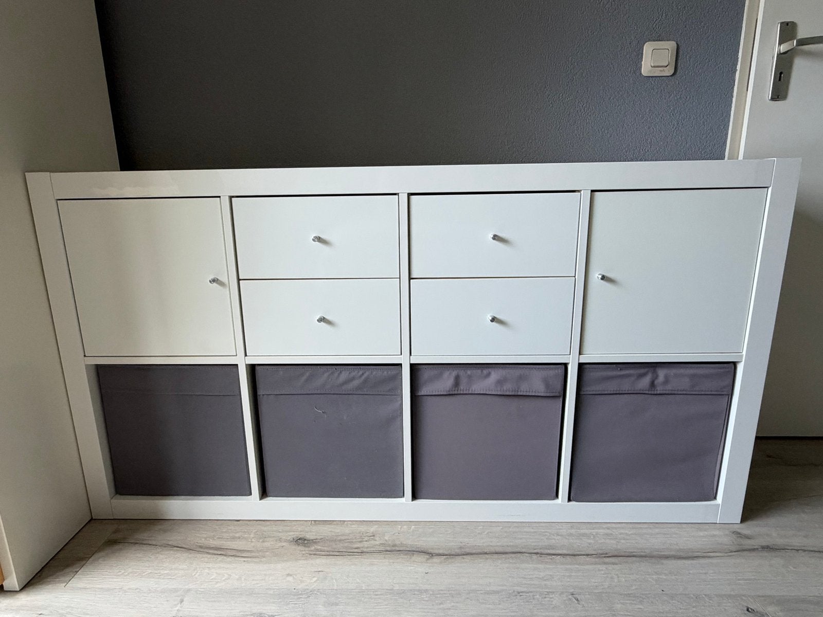 IKEA Kallax kast hoogglans wit met deurtjes en lades, Ophalen, Gebruikt