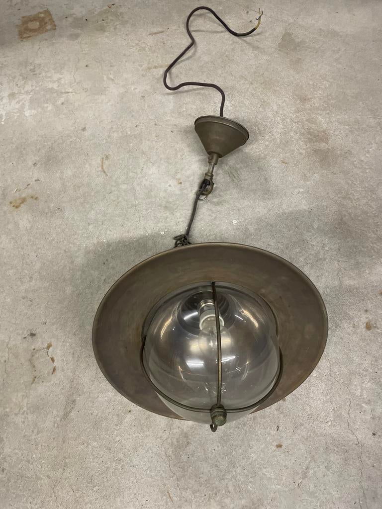 Vintage Koperen Plafondlamp met Glazen Bol, Ophalen of Verzenden, Gebruikt, Glas