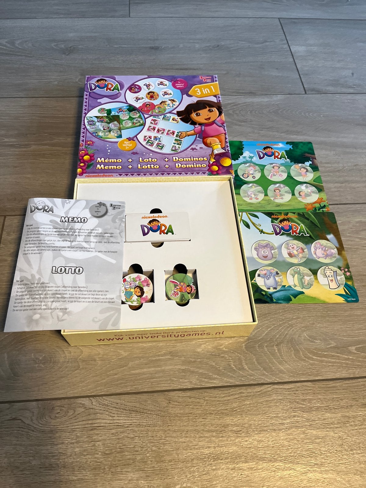 Dora 3-in-1 Spel: Memo, Lotto & Dominos, Een of twee spelers, Ophalen of Verzenden, Zo goed als nieuw