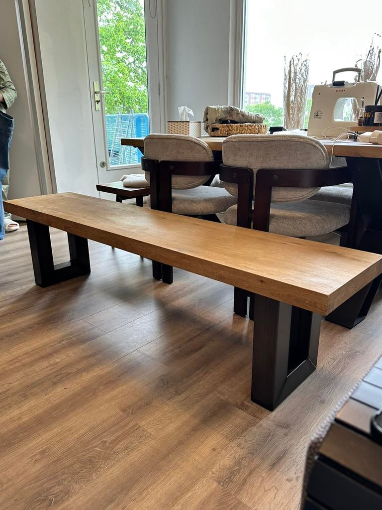 boomstam eiken  zware tafelbank 180 cm, Huis en Inrichting, Tafels | Eettafels, Ophalen of Verzenden, Zo goed als nieuw, Rechthoekig