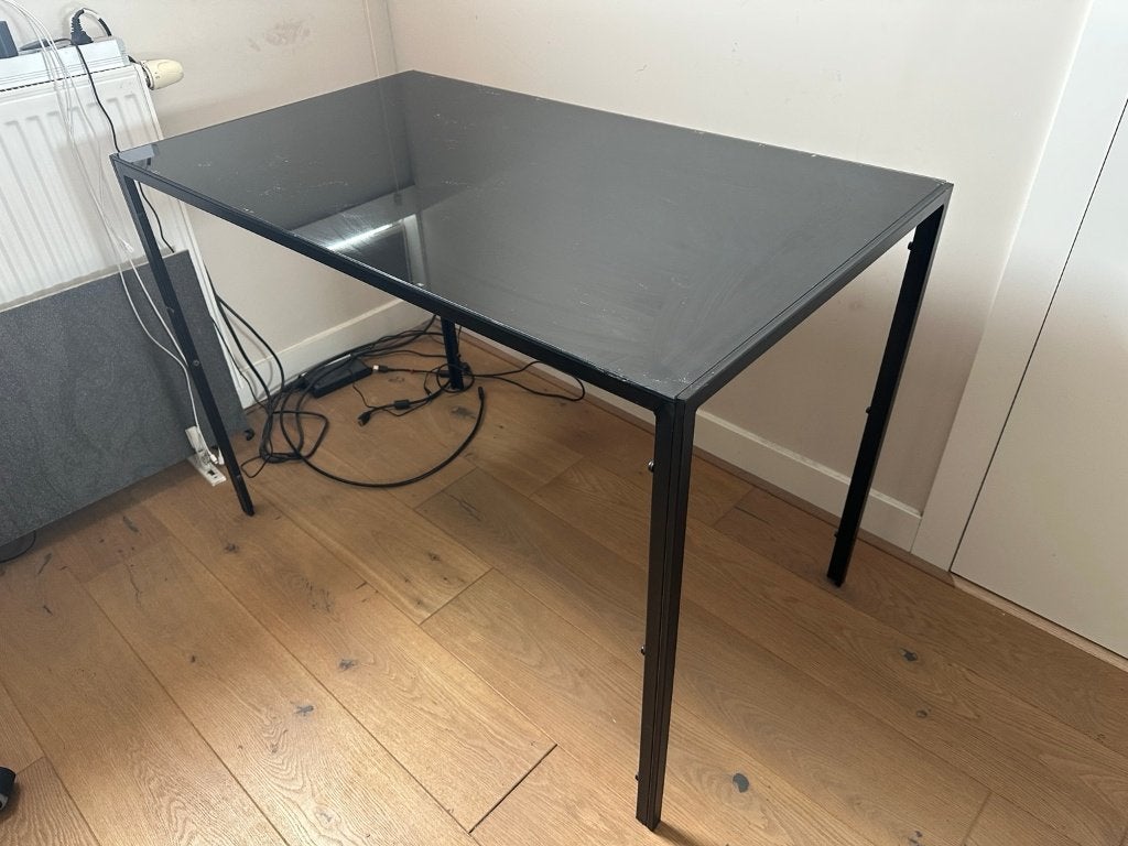 Glazen bureau / tafel zwart 105x60 cm met metalen frame, Ophalen, 105 cm, Gebruikt, Overige merken