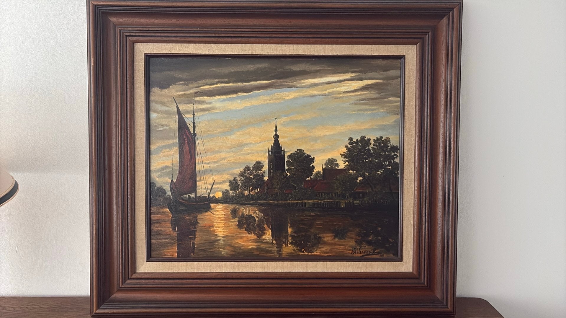 Olieverfschilderij Hollands landschap met kerk en zeilboot, Doek, Realistisch, Ophalen of Verzenden, Gesigneerd
