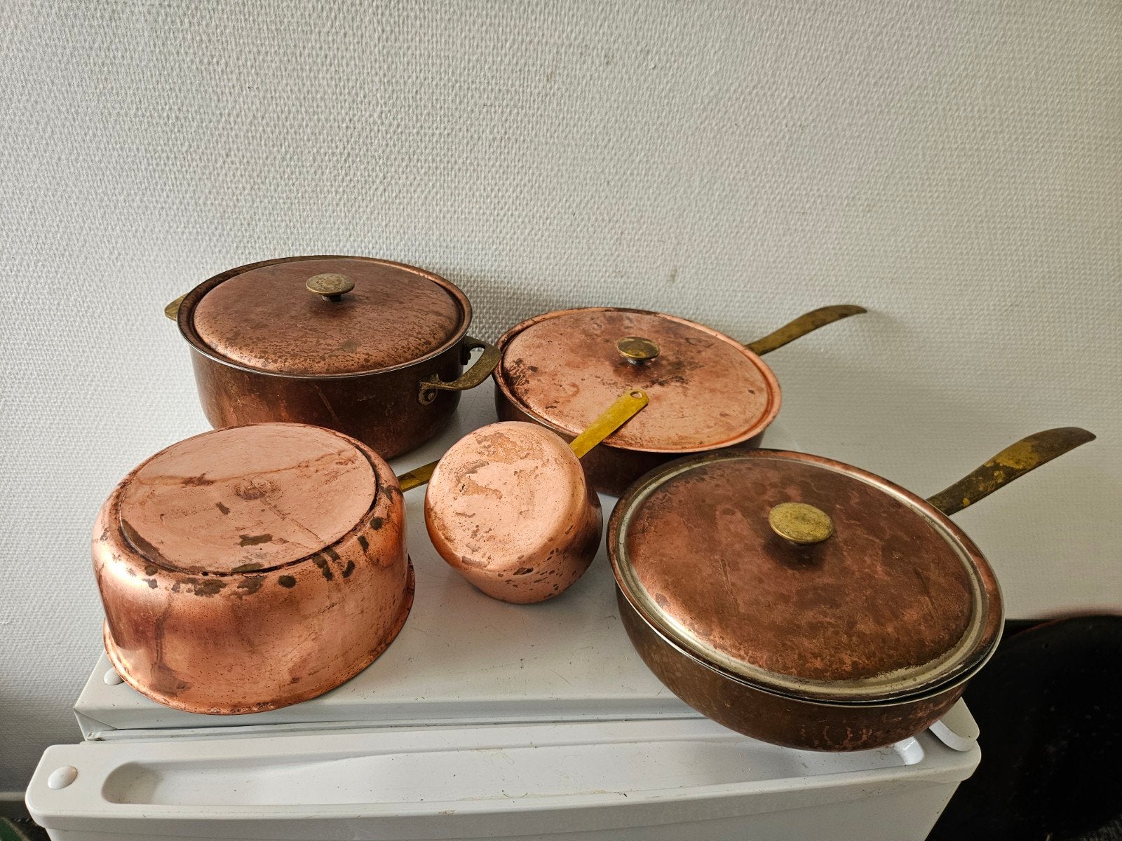 antieke koperen pannen set met deksels, Antiek en Kunst, Ophalen of Verzenden