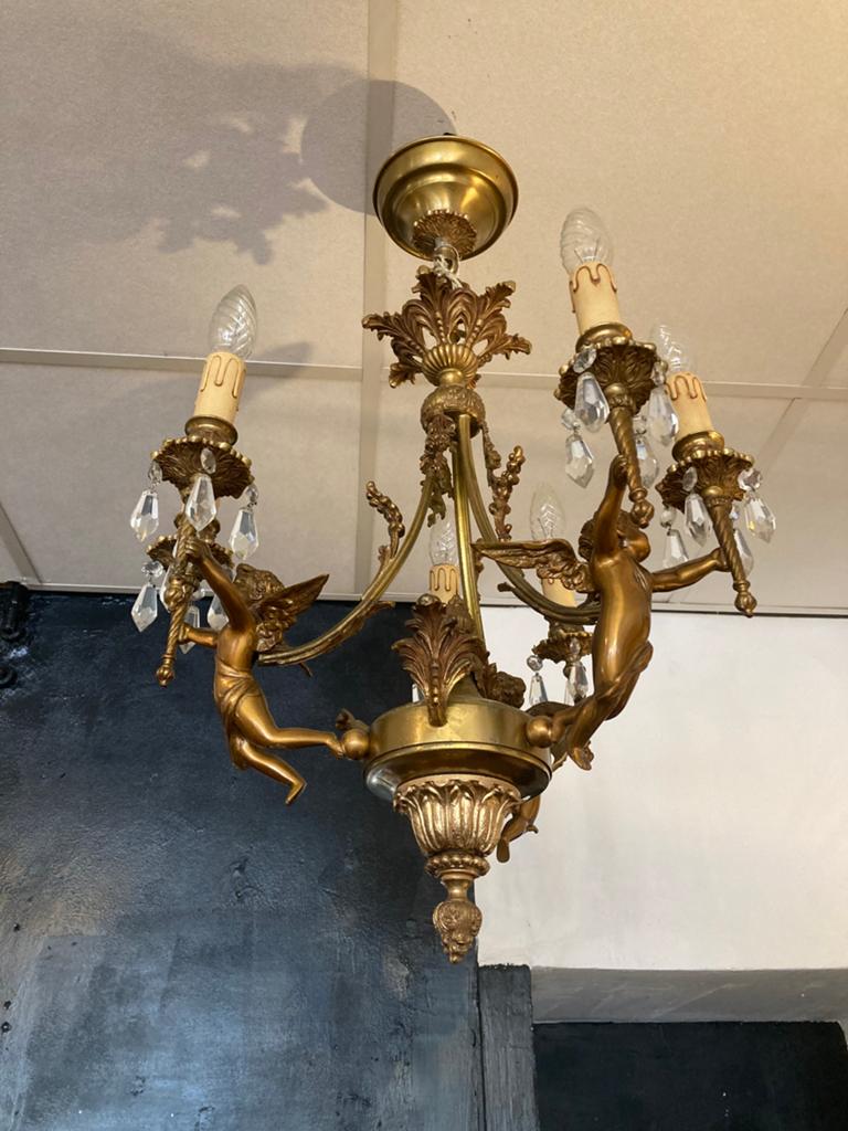 Antieke bronzen kroonluchter met 3 bronzen engelen, Ophalen