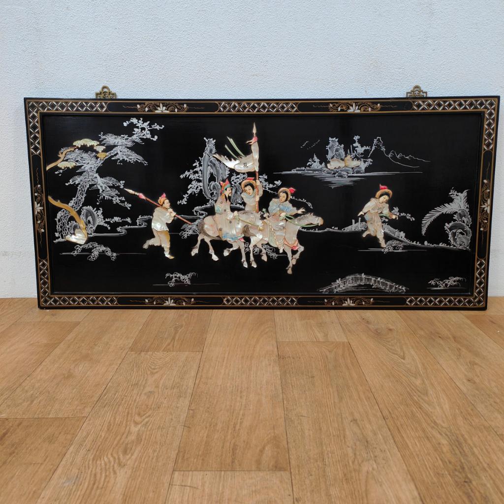 Vintage Chinoiserie zwart gelakt wandpaneel parelmoer inleg, Valkenswaard, Oosters, Info@flashbackfurniture.nl, Meerkleurig