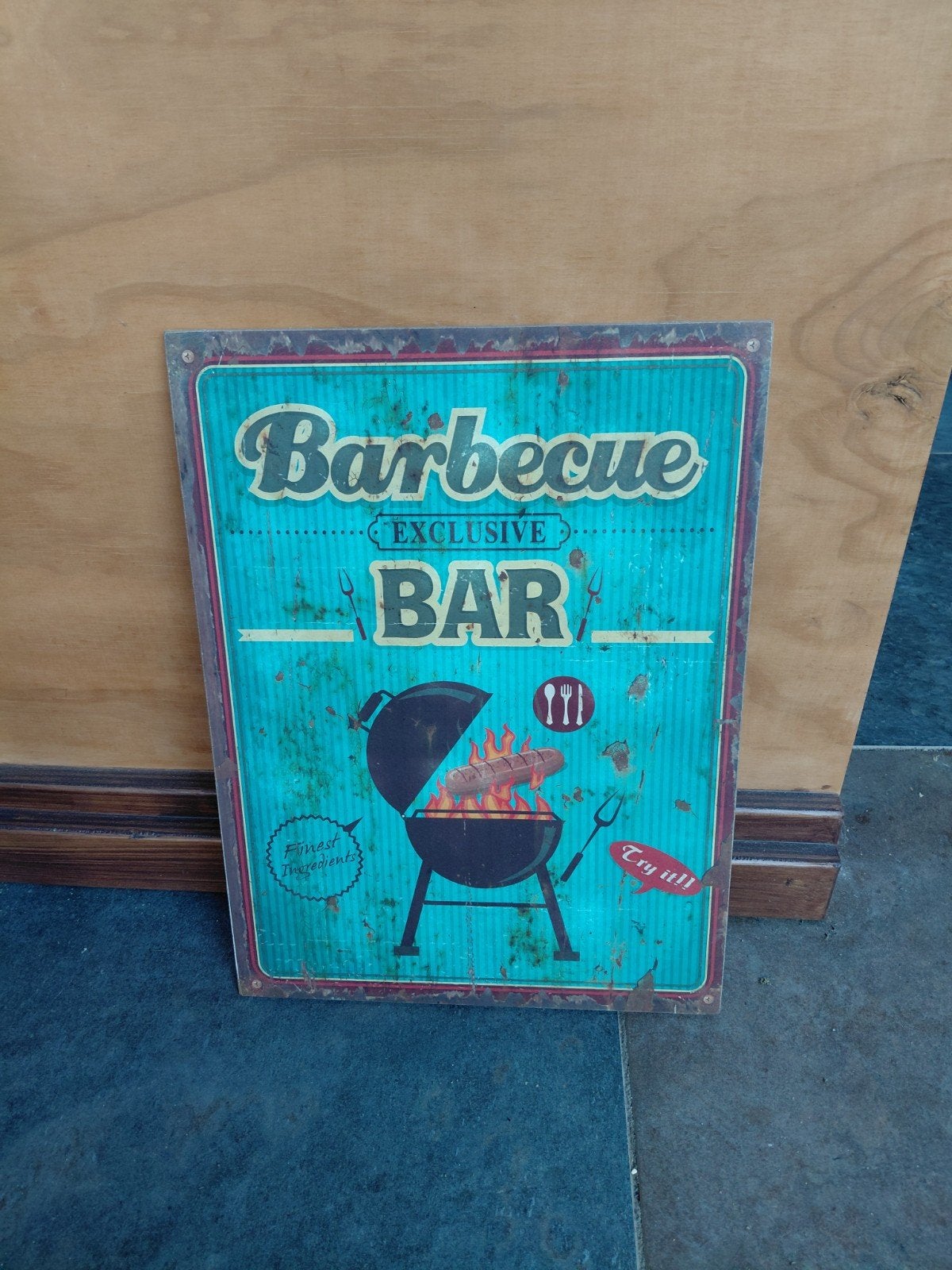 Houten Barbecue Bord Mancave BBQ Hoek 20x30 cm, Blauw, Ophalen of Verzenden, Zo goed als nieuw, Vintage