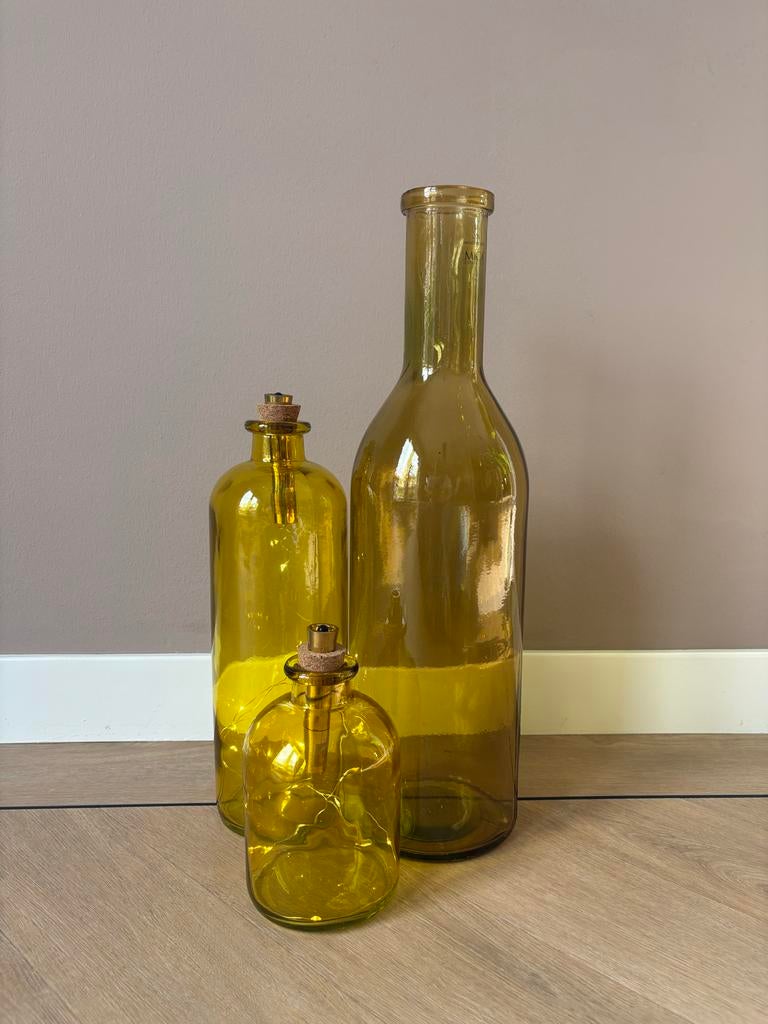 Set van 3 Okergele Decoratieve Vazen Mica, Ophalen, Zo goed als nieuw, Geel, Glas