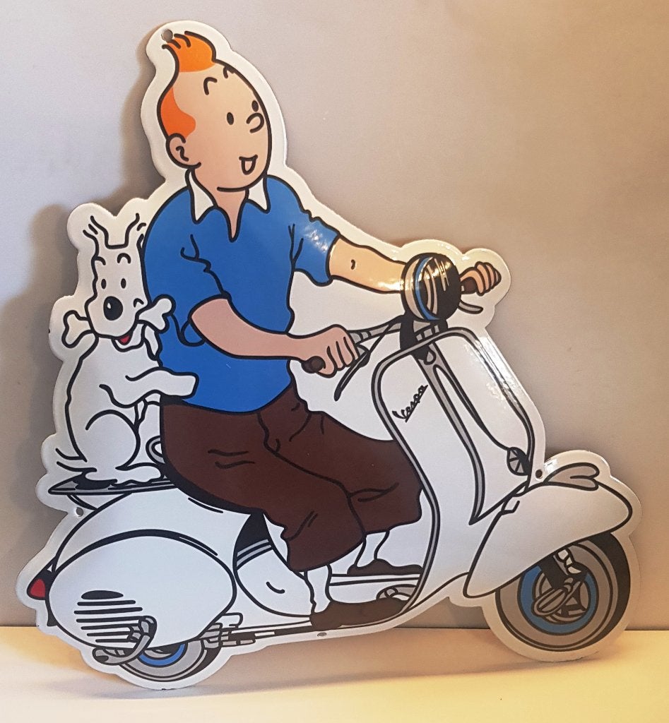 Kuifje met Bobbie Op Een Vespa Scooter (Diecut Emaille bord), Verzamelen, Verzenden, Kuifje, Nieuw, Overige typen