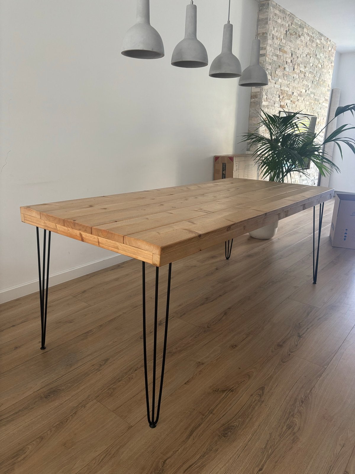 Steigerhouten eettafel met zwarte poten 90x200, Ophalen, Gebruikt, 50 tot 100 cm, Vijf personen of meer