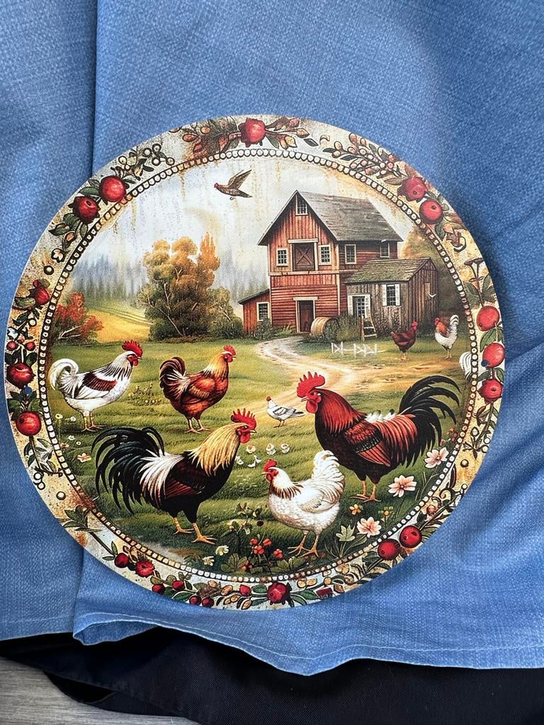 Rustiek metalen bord met kippen en boerderij, Ophalen of Verzenden, Nieuw, Rond, Overige materialen