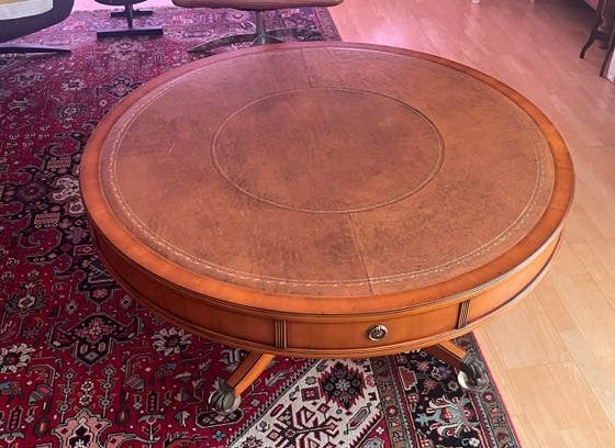 Antieke ronde salontafel met lederen blad, 110cm diameter, Ophalen