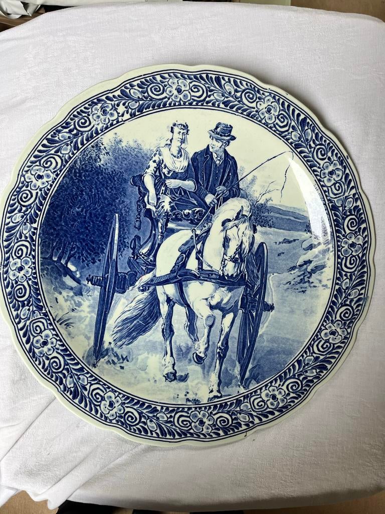 Delfts Blauw Wandbord met Koets-rijtuig paard, Ophalen