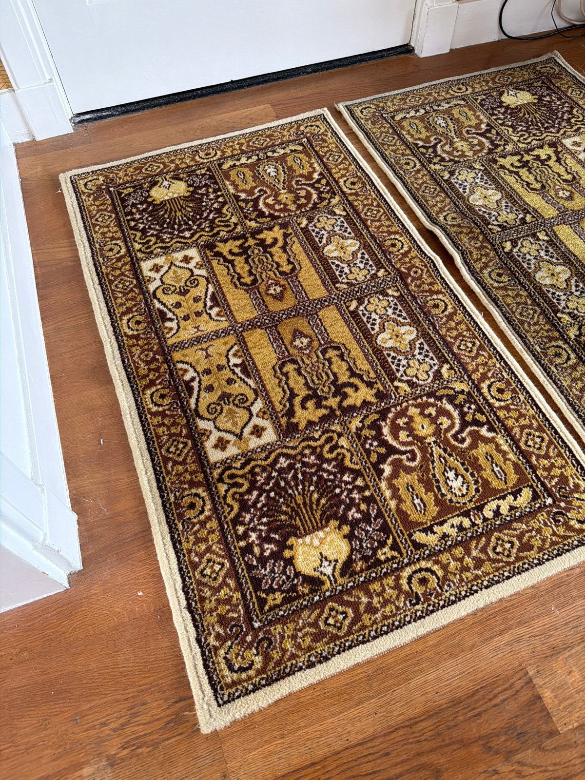 2 Perzische tapijten/kleden van zuiver scheerwol (105x60 cm), Gebruikt, 100 tot 150 cm, Bruin, Rechthoekig