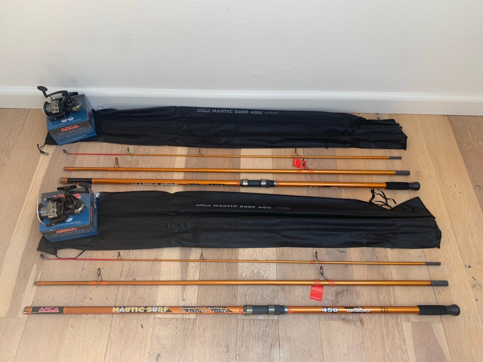 2x nieuwe Arca Nautic strandhengels + zeemolens, 4.50m 200gr, Arca, Nieuw, Ophalen of Verzenden, Arca