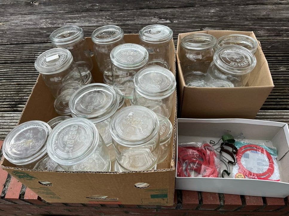 28 Inmaakpotten met toebehoren - Weckpotten, Huis en Inrichting, Ophalen, Voorraadpot, Overige merken, Glas