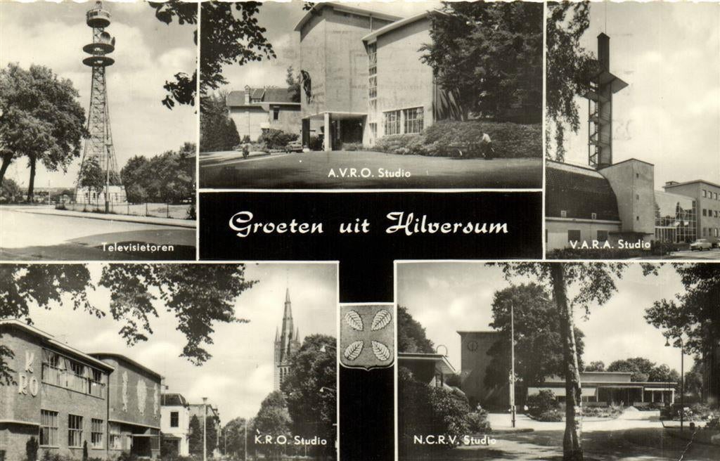 Groeten uit Hilversum - 5 afb o.a. Televisietoren - 1968 gel, Verzamelen, Ansichtkaarten | Nederland, Gelopen, Noord-Holland, Voor 1920