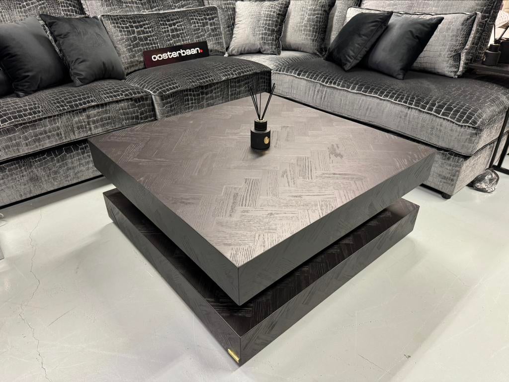 Luxe Black Oak Hamburger 100x100cm Salontafel Visgraat NIEUW, Huis en Inrichting, Tafels | Salontafels, Info@oosterbaanwonen.nl