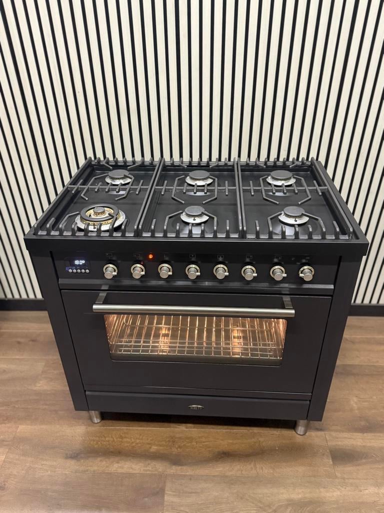Luxe Boretti Fornuis 6 pits antraciet 300 • Graden oven 90cm, Witgoed en Apparatuur, Fornuizen, Fornello Esperta, Ophalen of Verzenden