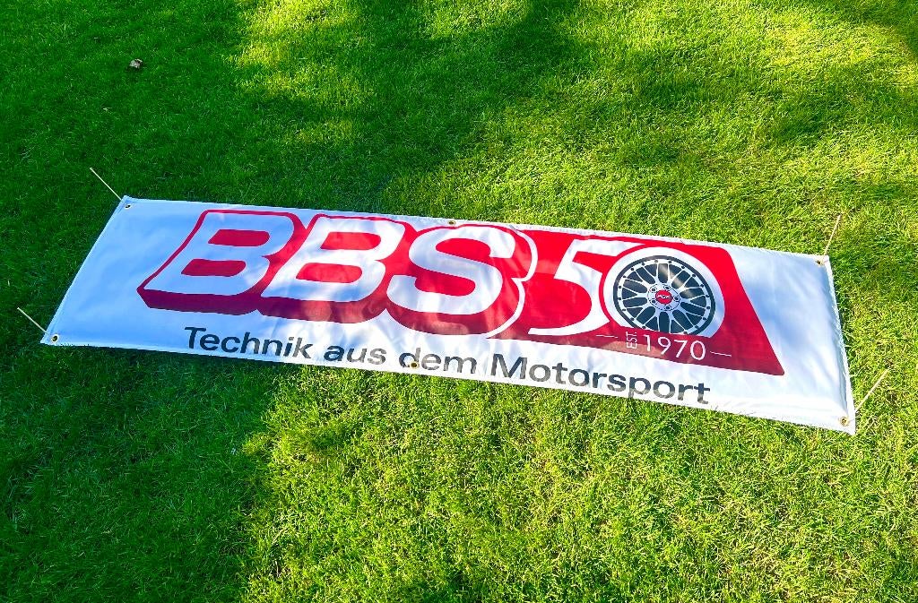 BBS JUBILEUM 50 JAAR BANNER 45X180 MET BEVESTIGGINGS OGEN, Ophalen of Verzenden, Nieuw