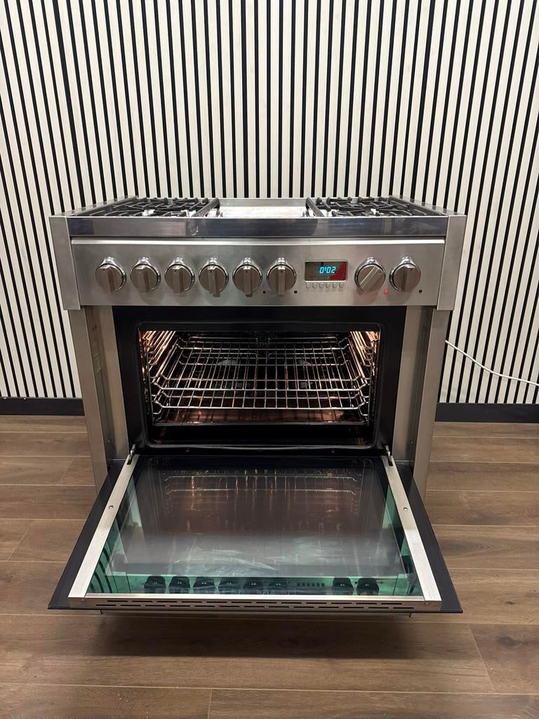 Luxe Fornuis Solitaire 4 pits + 2 keramische zones 90x70 cm, Witgoed en Apparatuur, Grill, Ophalen of Verzenden, Zo goed als nieuw