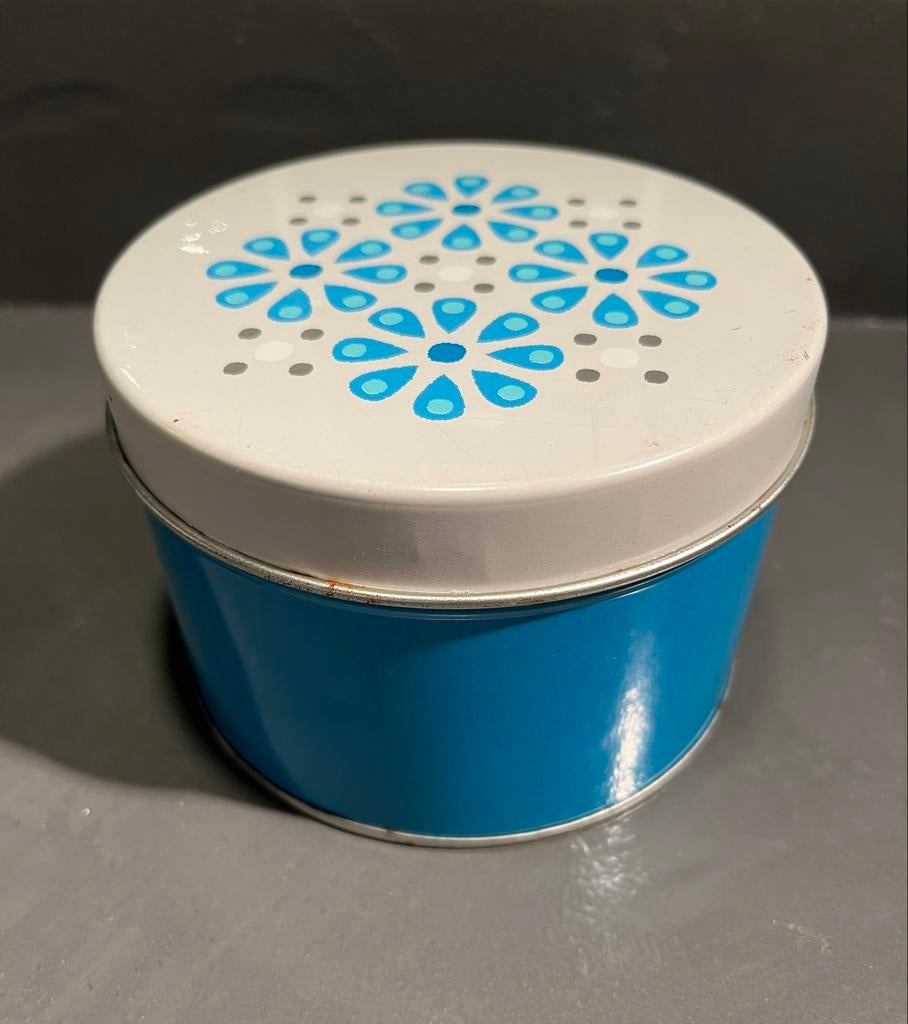 Vintage HEMA voorraadblikje blauw - Retro Motief, Verzamelen, Blikken, Ophalen of Verzenden, Gebruikt, Koek(jes), Overige merken