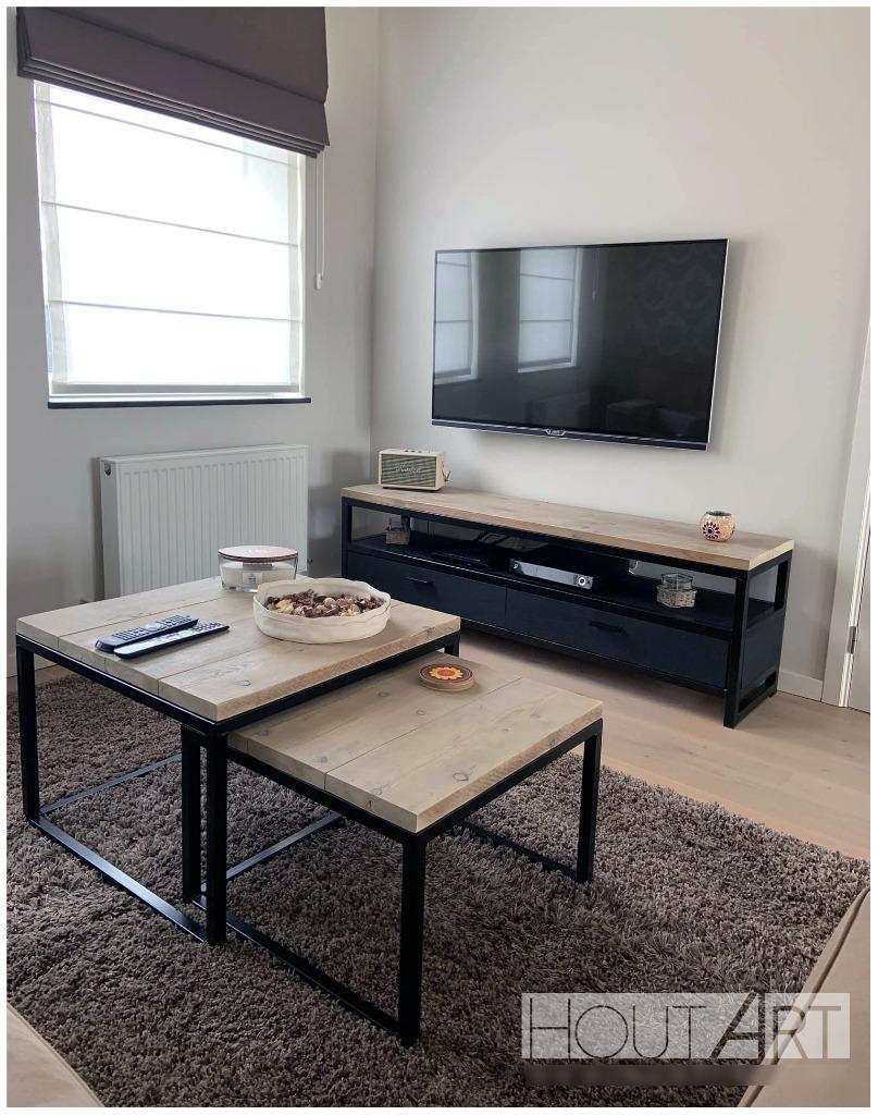 Salontafel stalen kubus set steigerhout, 50 tot 100 cm, 50 tot 75 cm, Overige materialen, Vierkant