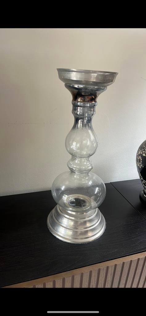 Grote glazen kandelaar / windlicht met metalen details, ., Ophalen of Verzenden, Zo goed als nieuw, .