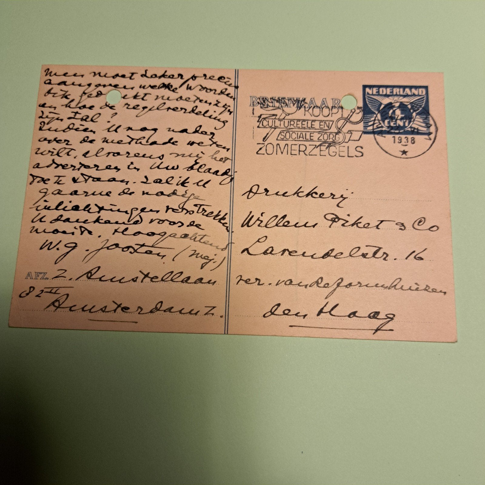 Zomerzegels 1938 briefkaart - Willem Piket & Co, Postzegels en Munten, Brieven en Enveloppen | Nederland, Ophalen of Verzenden