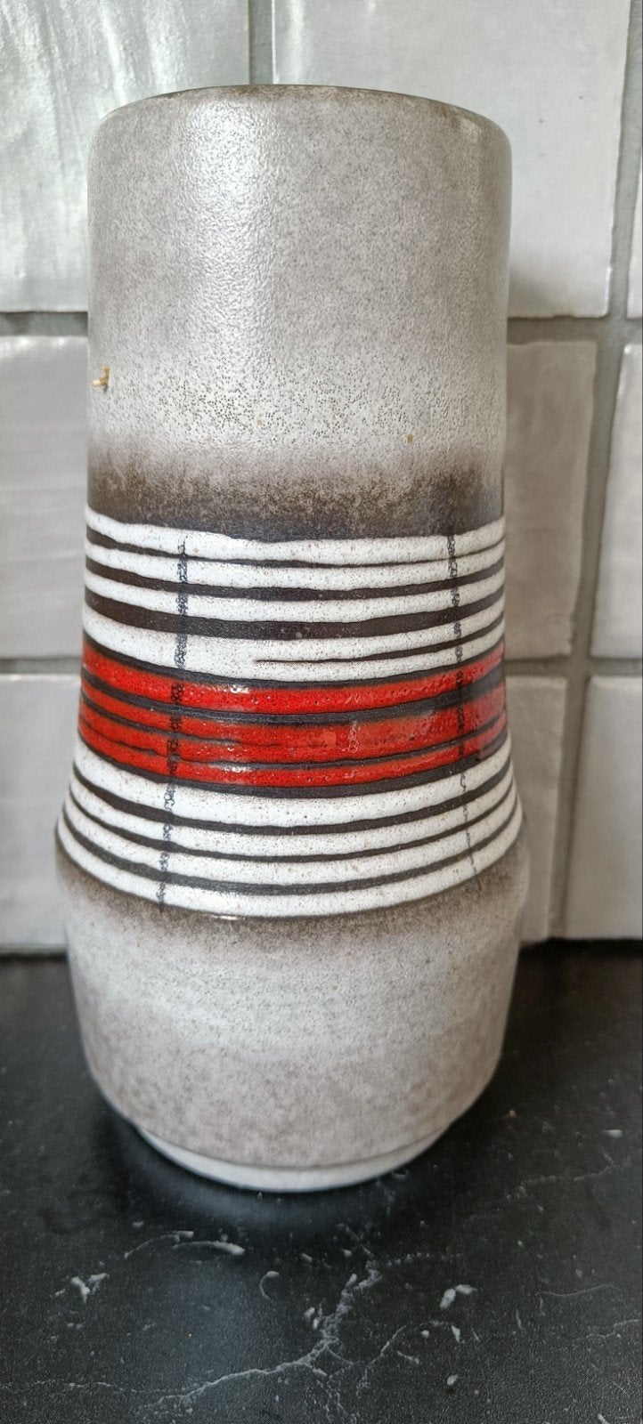 Vintage West-Duitse Keramiek Vaas - Rood, Zwart, Wit, Antiek en Kunst, Ophalen of Verzenden