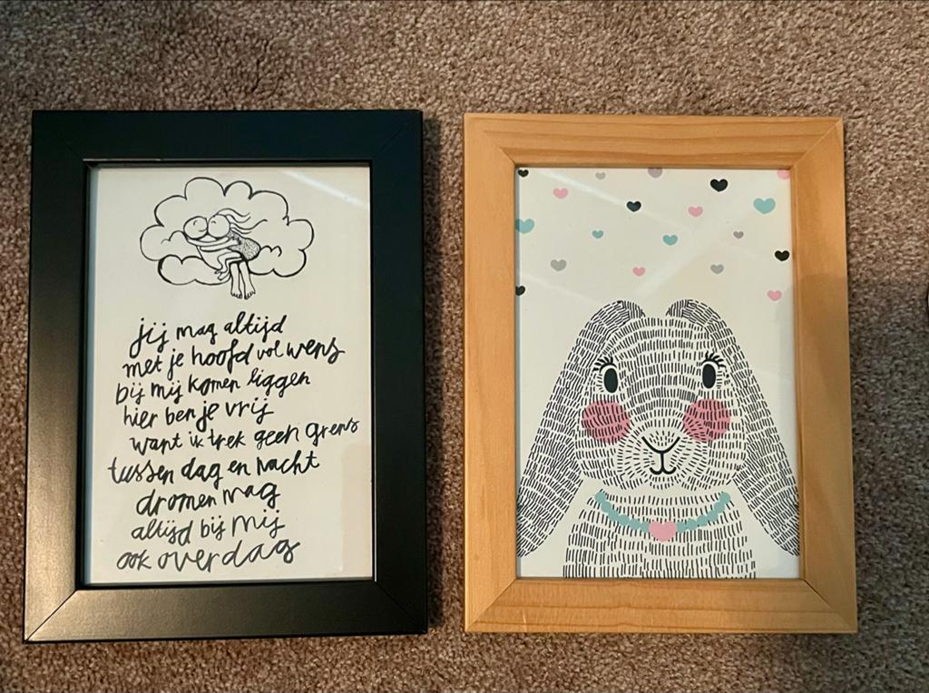Set van 2 ingelijste prints, Ophalen, Zo goed als nieuw, Hout, Minder dan 50 cm