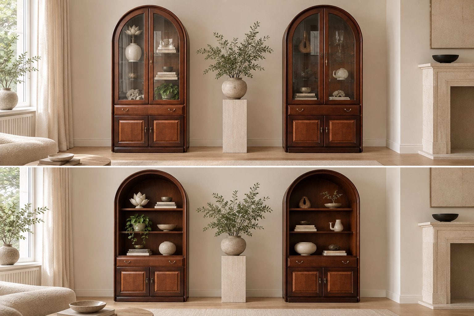 2 stuks Stijlvolle Vitrinekast/Boekenkast met Boogdesign, Huis en Inrichting, Ophalen, Gebruikt, Mid century modern hollywood regency dopamine decor japandi
