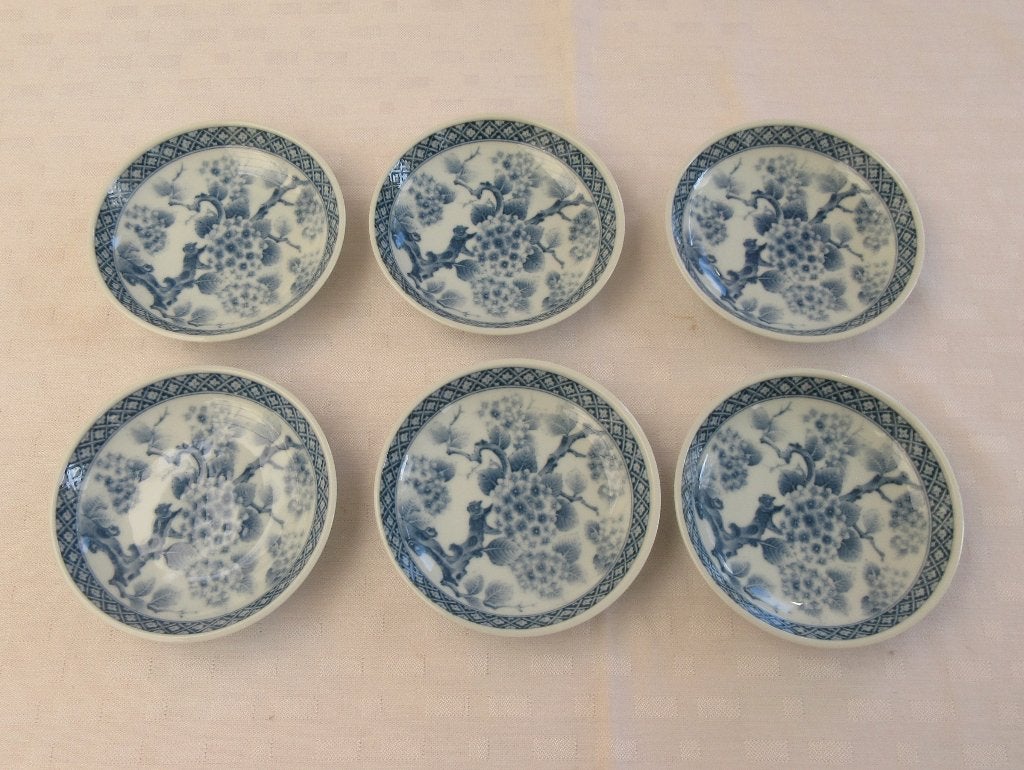 6 Japanse schaaltjes  Hortensia met kat op tak, Ophalen of Verzenden