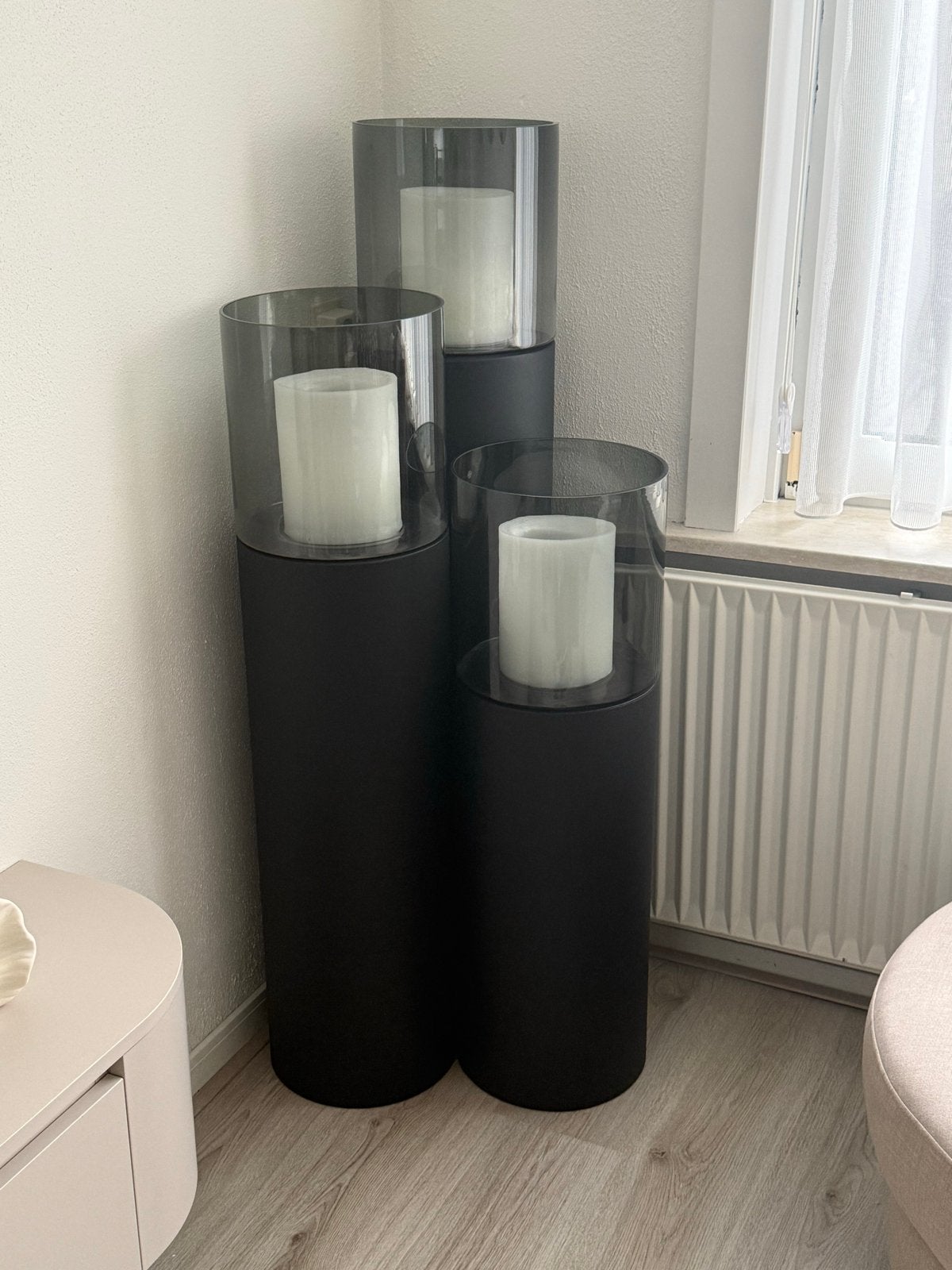 Luxe windlichten op zuil - Set van 3 - Initials, Ophalen, Windlicht, Zo goed als nieuw, Metaal