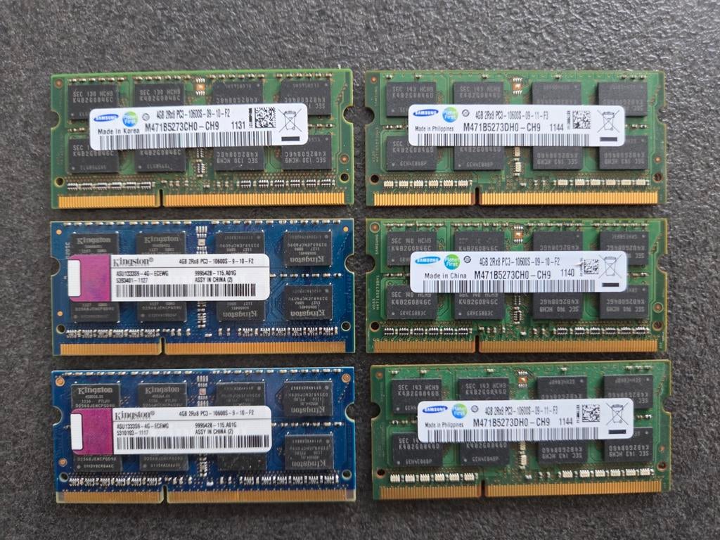 6x 4GB PC3 10600s RAM DDR3 voor laptop, Computers en Software, Gebruikt, DDR3, Ophalen of Verzenden, Laptop