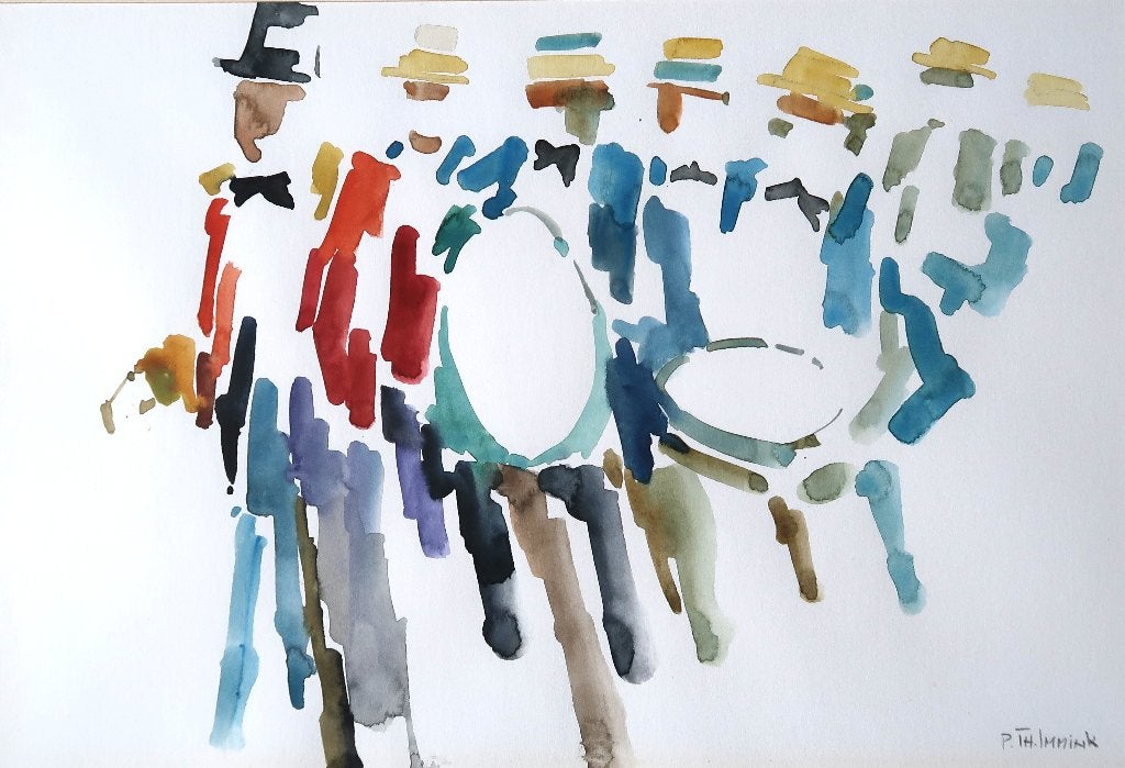 Aquarel op papier Bob Immink Muziekkapel, Ophalen of Verzenden, Aquarel, Papier