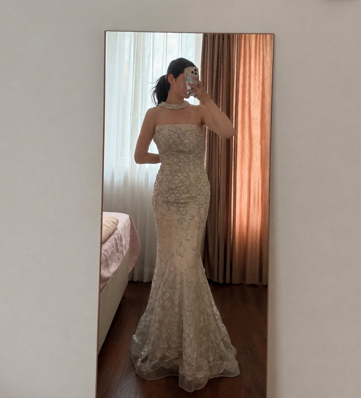 Elegante Galajurk met Pailletten - Maat S, Galajurk, Beige, Ophalen of Verzenden, Zo goed als nieuw