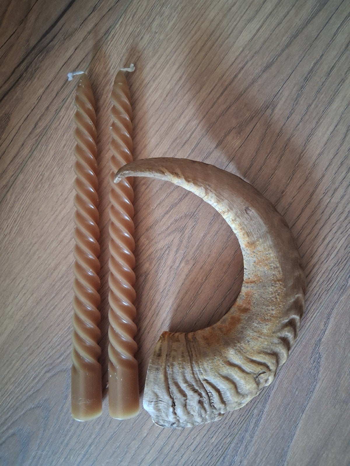 Kaarsen en hoorn decoratie, Huis en Inrichting, Woonaccessoires | Kandelaars en Kaarsen, Gebruikt, Beige, Was, Ophalen of Verzenden