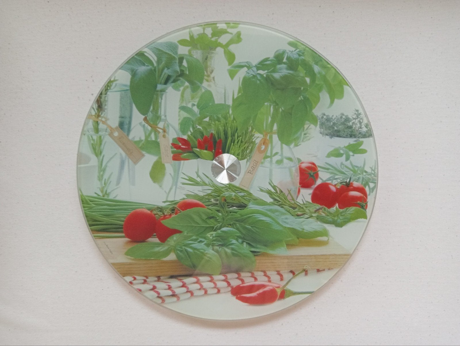 Draaiplateau van glas met kruiden en tomaten, Ophalen of Verzenden, Zo goed als nieuw, Meerkleurig, Overige merken