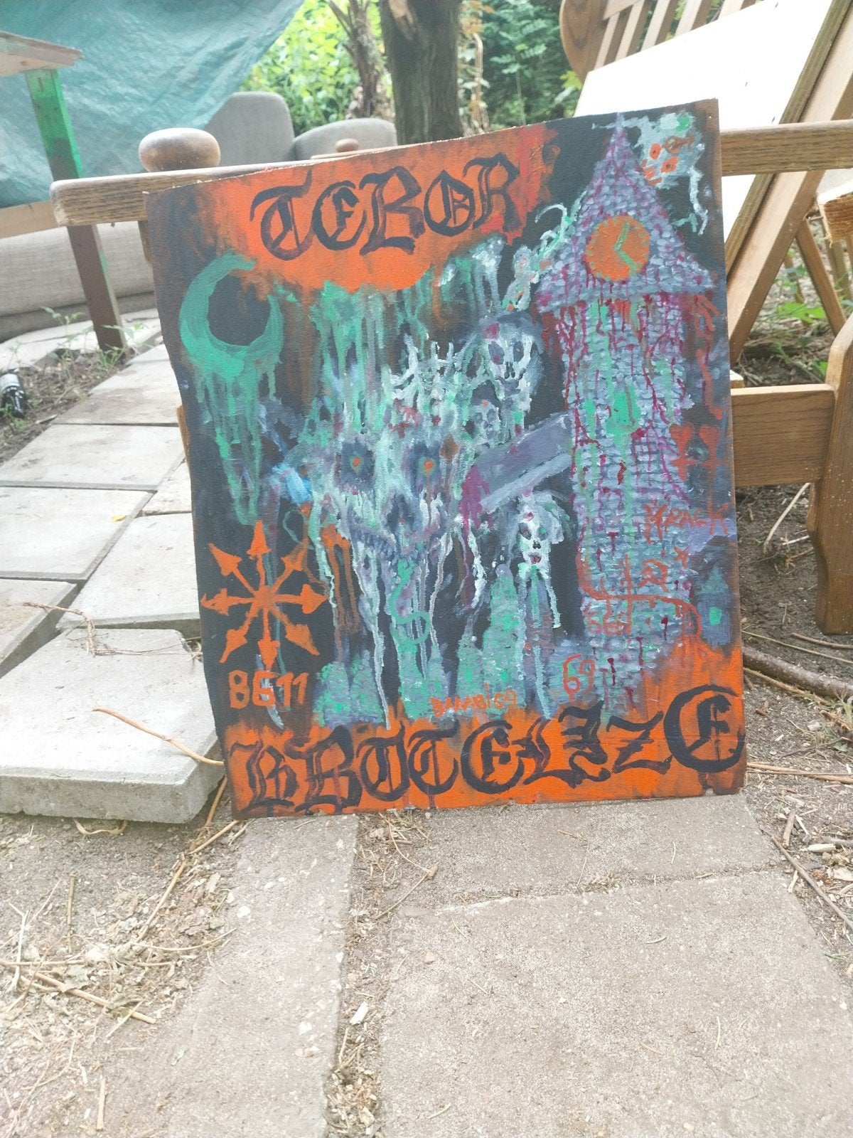 Olieverfschilderij op hout - Abstracte horror, Handgeschilderd, Ophalen of Verzenden, Olieverf, Hout