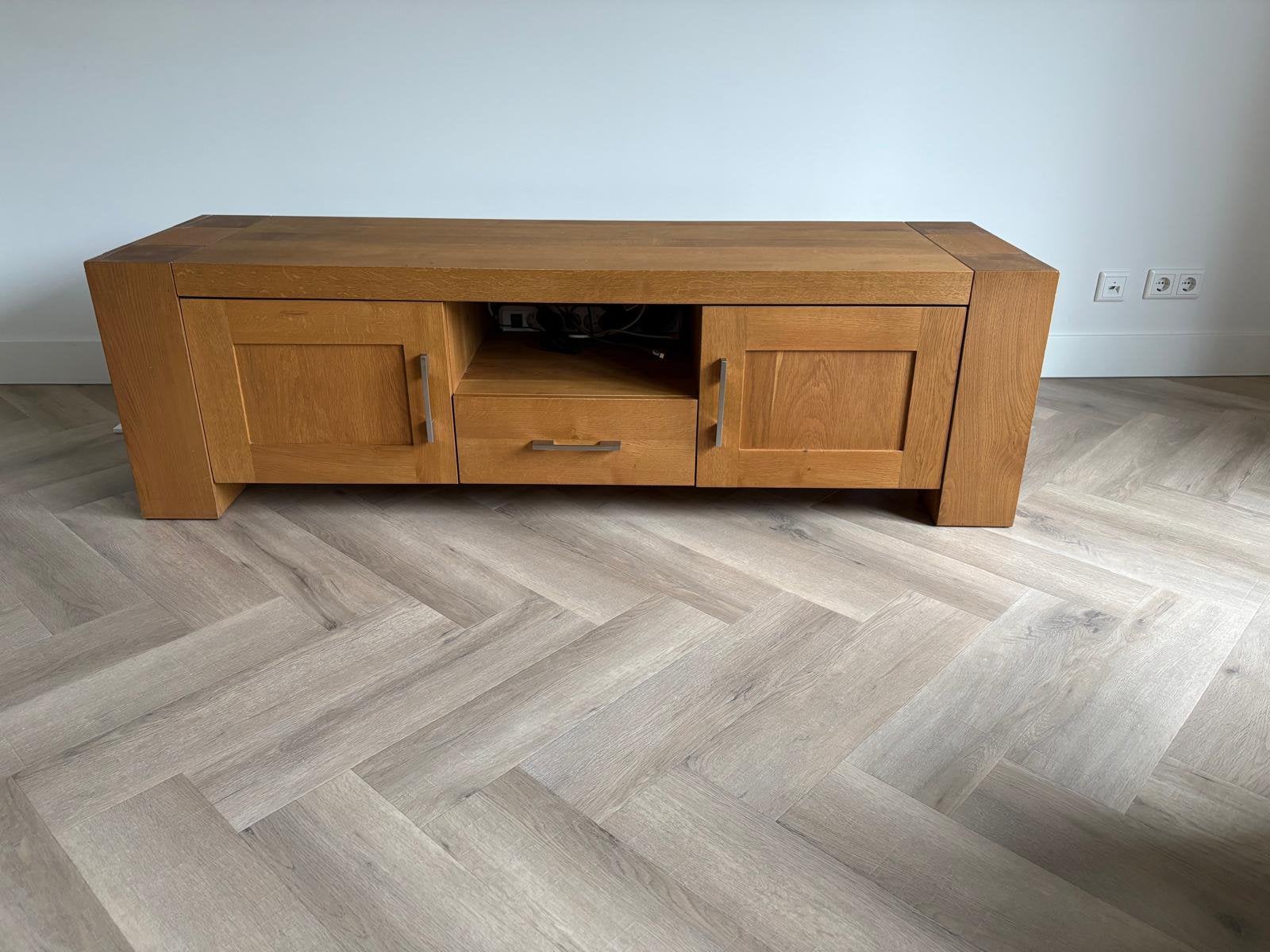 Massief eiken tv-meubel 170 cm, 2 deuren en lade, Huis en Inrichting, Ophalen, Gebruikt, 150 tot 200 cm, Eikenhout