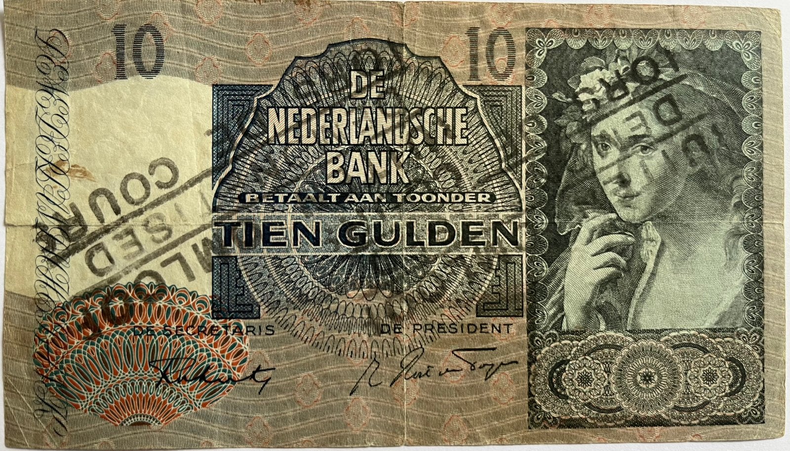 Tien gulden 1941 met buiten omloop stempel, Postzegels en Munten, Bankbiljetten | Nederland, Ophalen of Verzenden, 10 gulden, Los biljet