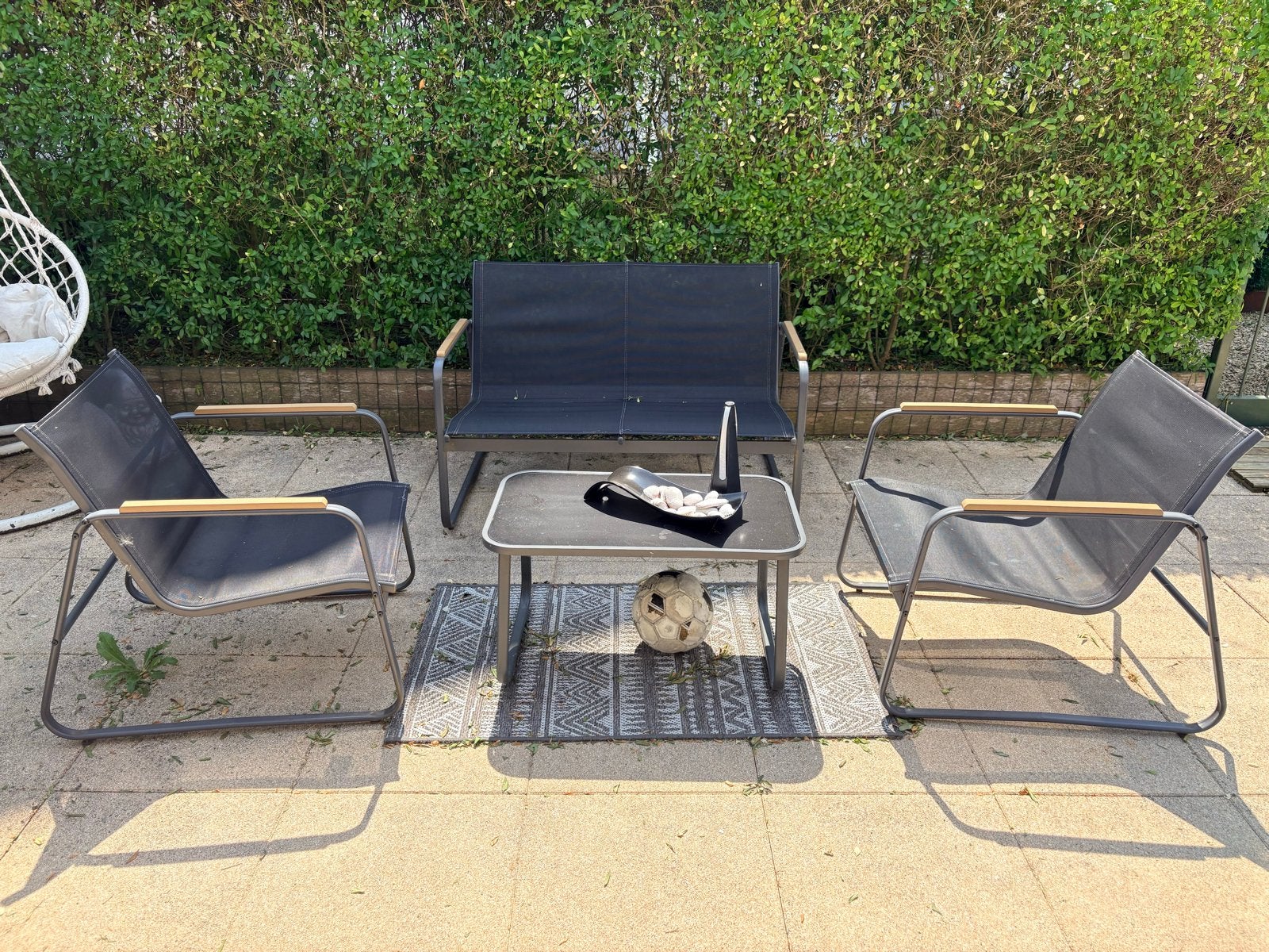 Loungeset met bank, 2 stoelen en tafel (glasplaat stuk), Ophalen, Gebruikt, Loungeset, Bank