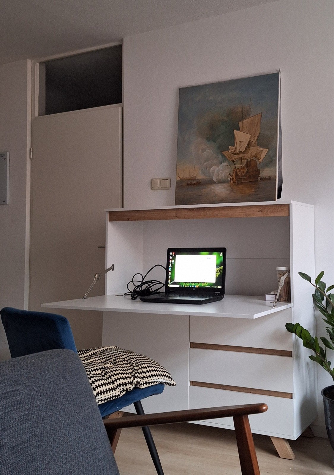 Moderne Secretaire Bureau [byLiving] - Wit met Houten Detail, Ophalen, Met lades, Hout, Secretaire