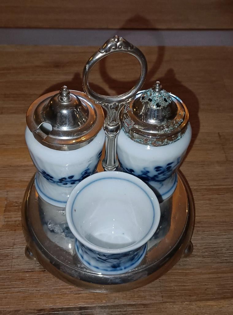 Kruidenstel Schutz Muster antiek porseleinen met blauw decor, Ophalen of Verzenden