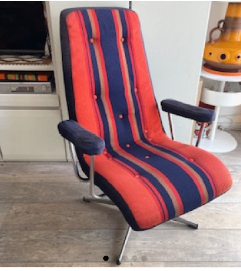 Goldsiegel fauteuil oranje blauw strepen, Gebruikt, Vintage, 75 tot 100 cm, Ophalen of Verzenden