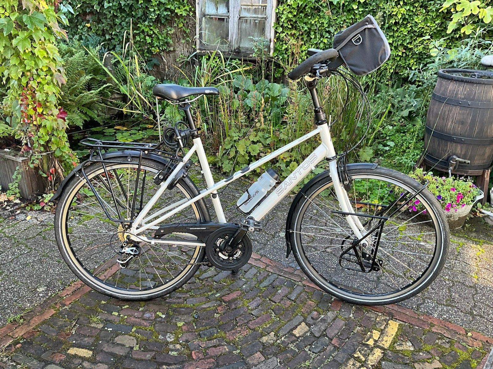 Santos Trekking Mixte parelmoer wit (framemaat 53, 1,74), Fietsen en Brommers, Velgrem, Meer dan 20 versnellingen, Ophalen, Overige merken