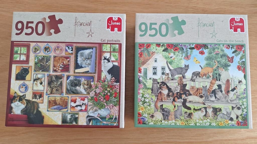 Twee Francien kattenpuzzels - 950 stukjes per puzzel, Ophalen of Verzenden, 500 t/m 1500 stukjes, Zo goed als nieuw, Legpuzzel