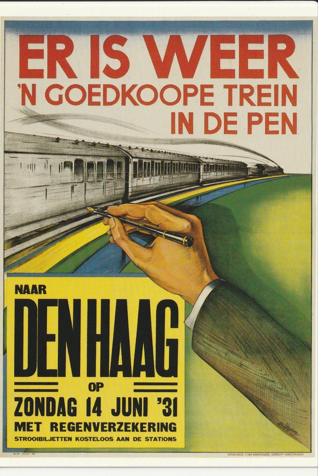 AFFICHE SPOORWEGEN ER IS WEER GOEDKOOPE TREIN NAAR DEN HAAG, Ophalen of Verzenden, 1920 tot 1940, Ongelopen, Zuid-Holland