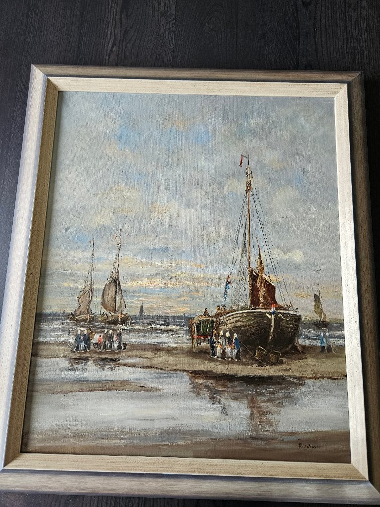 Te koop schilderij J. Ruighaver Vissersvolk bij bomschuiten, Antiek en Kunst, Ophalen, Gesigneerd, Olieverf, Maritiem / water