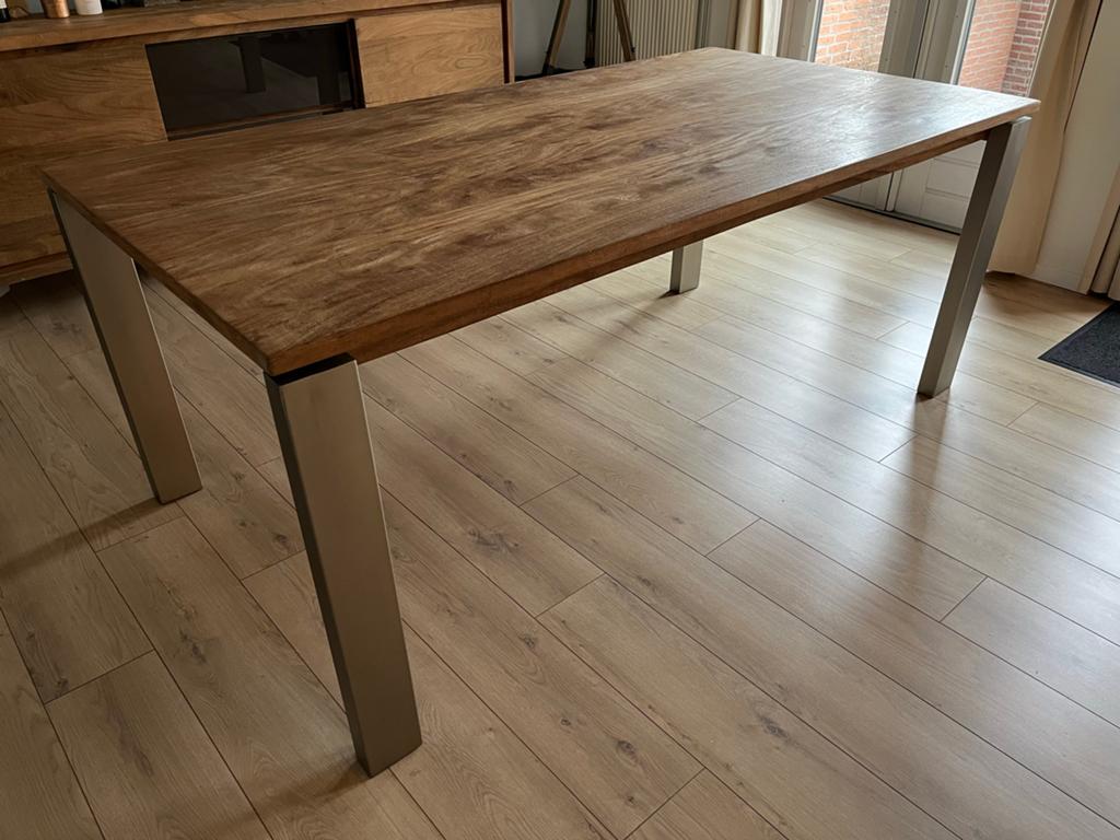 Henders & Hazel eettafel teakhout met stalen poten, Ophalen, Gebruikt, 100 tot 150 cm, Teakhout